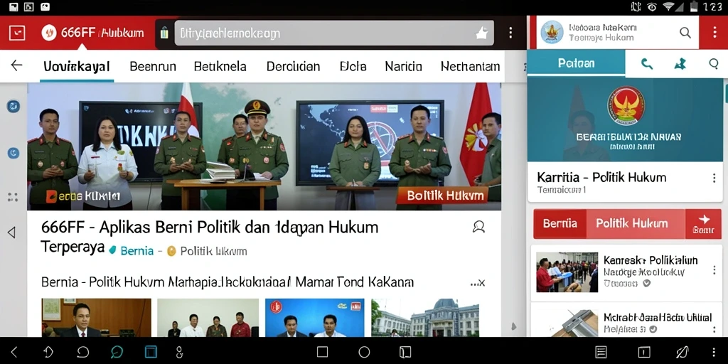 Tampilan antarmuka aplikasi 666FF dengan berita politik dan hukum.