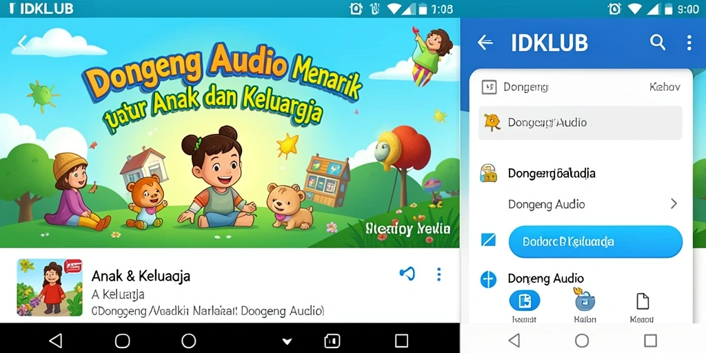 Antarmuka ramah anak dengan berbagai pilihan dongeng audio.